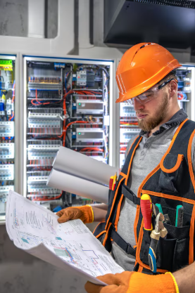 Profissional com capacete laranja analisando documentos técnicos diante de painéis elétricos.