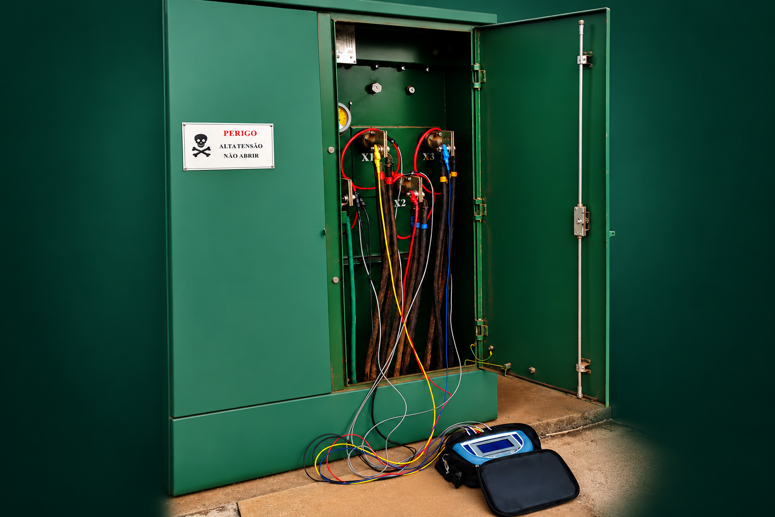 Instrumento de medição em estojo conectado por cabos a uma instalação elétrica aberta.