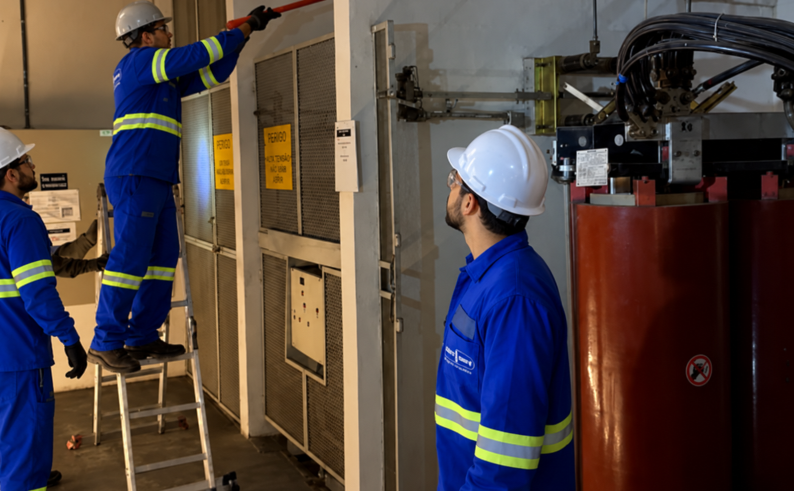Profissionais com uniforme azul realizando uma atividade técnica junto a equipamentos de uma subestação.